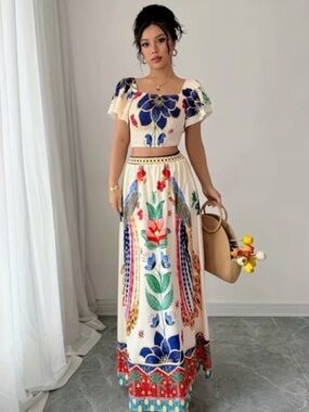 Cream Floral Maxi Skirt with Bold Multicolor Print